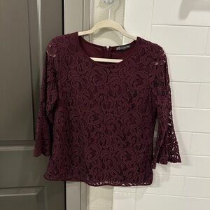 Adrianna Papell Burgundy Bell Sleeve Lace Blouse